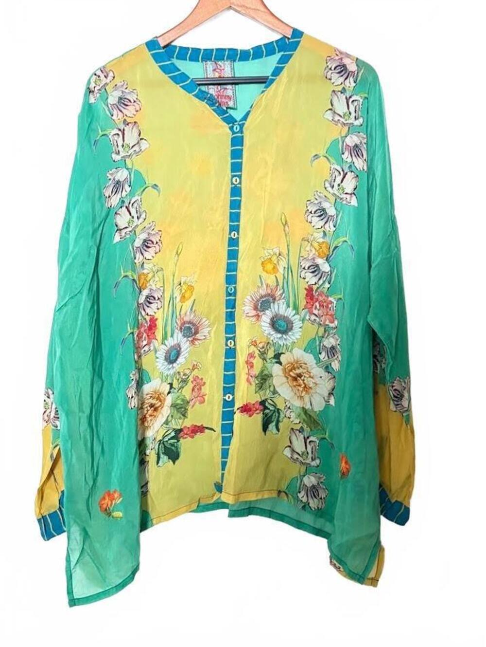 Johnny Was Floral Print Sheer Button-Up Blouse Size L